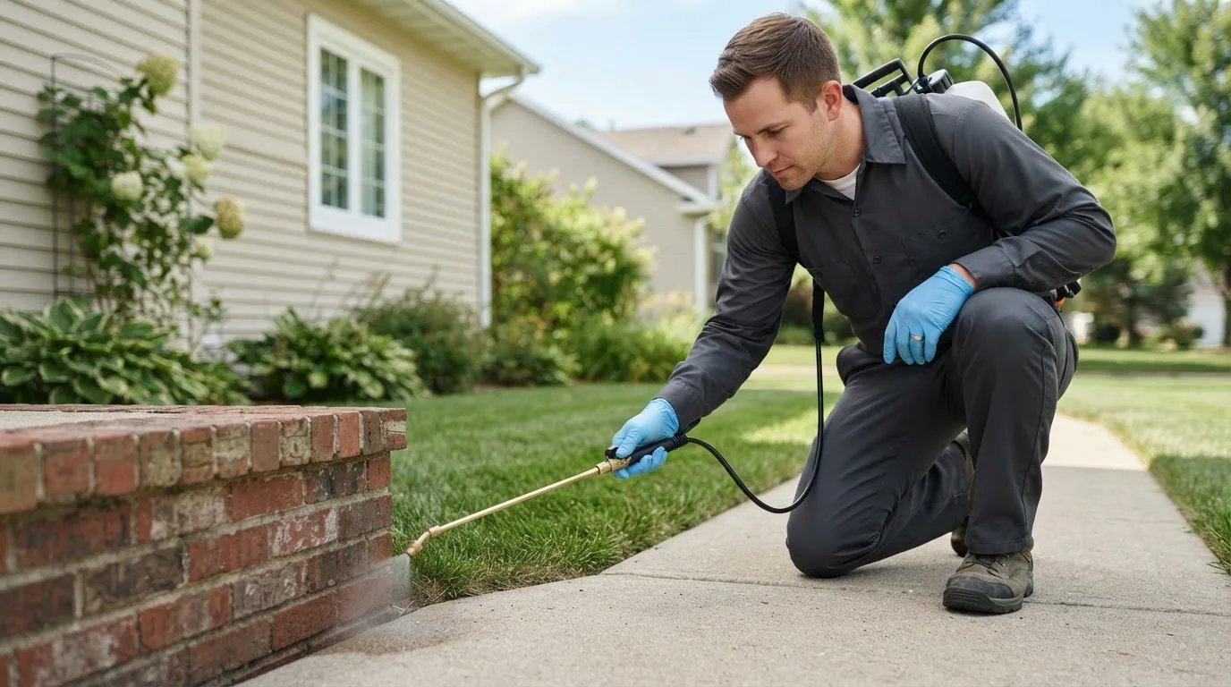 Pest control technician treating a home near Milton, IA