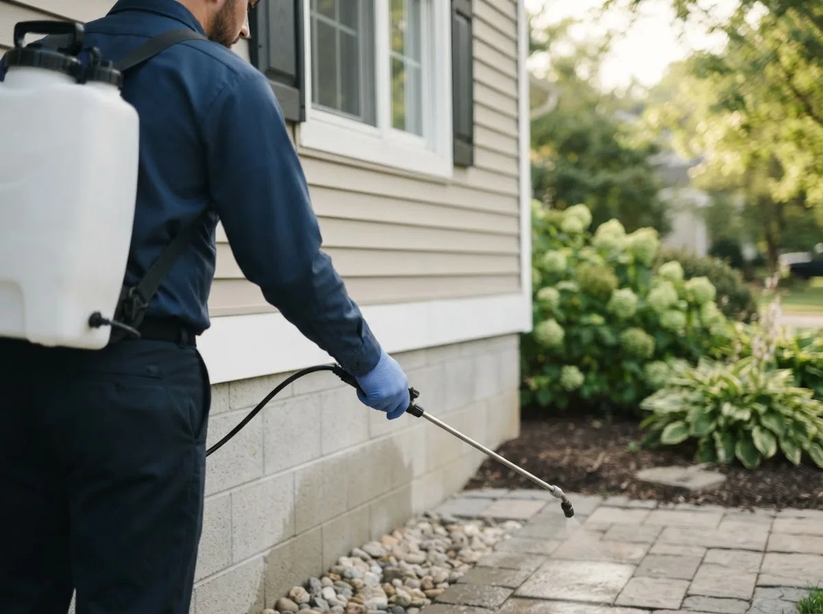 Pest control technician inspecting a home in Milton, IA